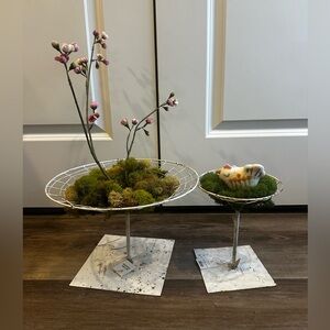 Two Decorative Nest Wire Stands with Moss and Floral Accents - NWT from Terrain
